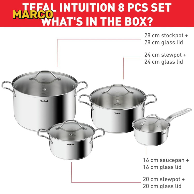 سرویس 8 پارچه قابلمه Intuition تفال مدلB864S874 ضمانت اصالت کالا و ارسال فوری و رایگان /گارانتی 18 ماهه مارکو تجارت